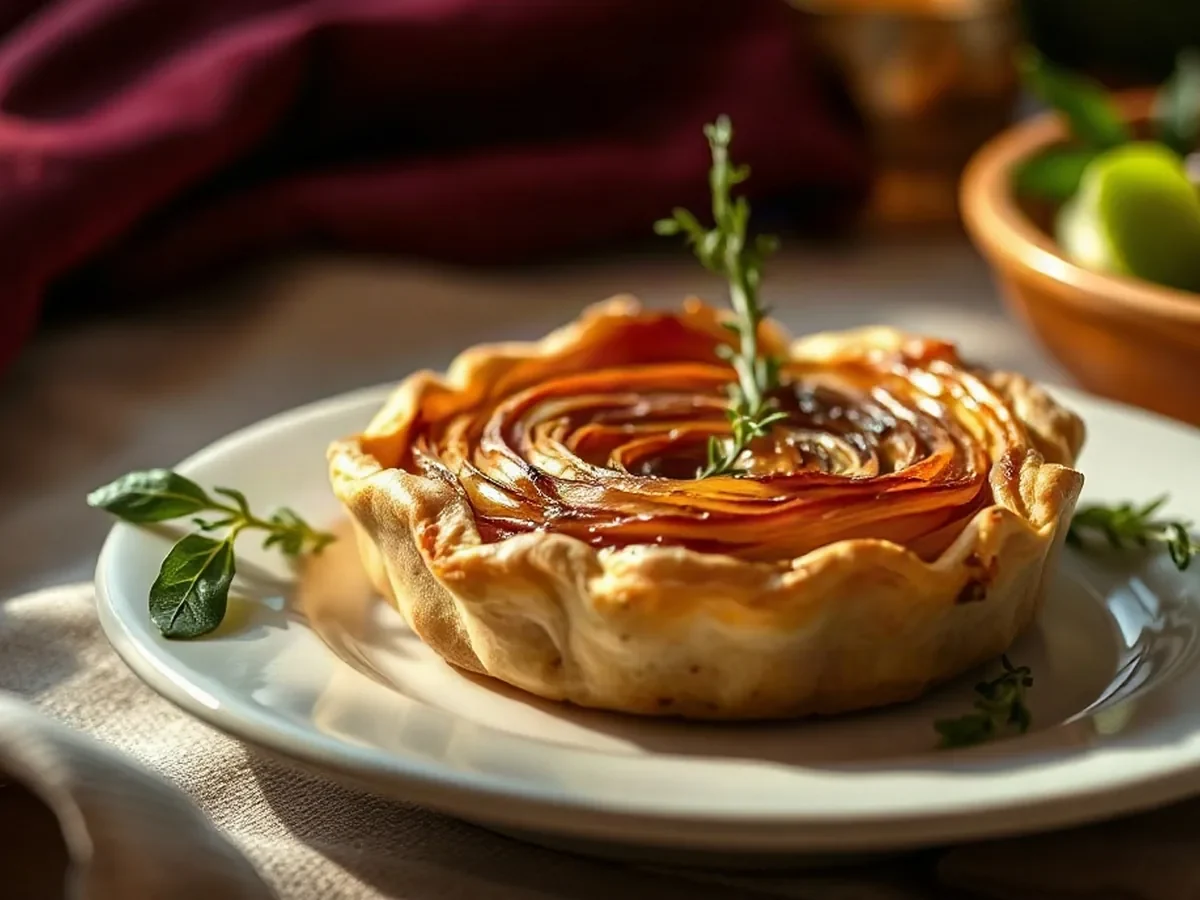 Golden onion tart with thyme and bitter leaves on ivory crockery