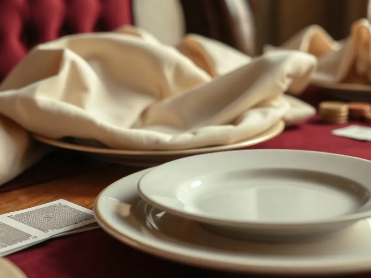 Ivory crockery, cream linen and a few cards beside wine felt