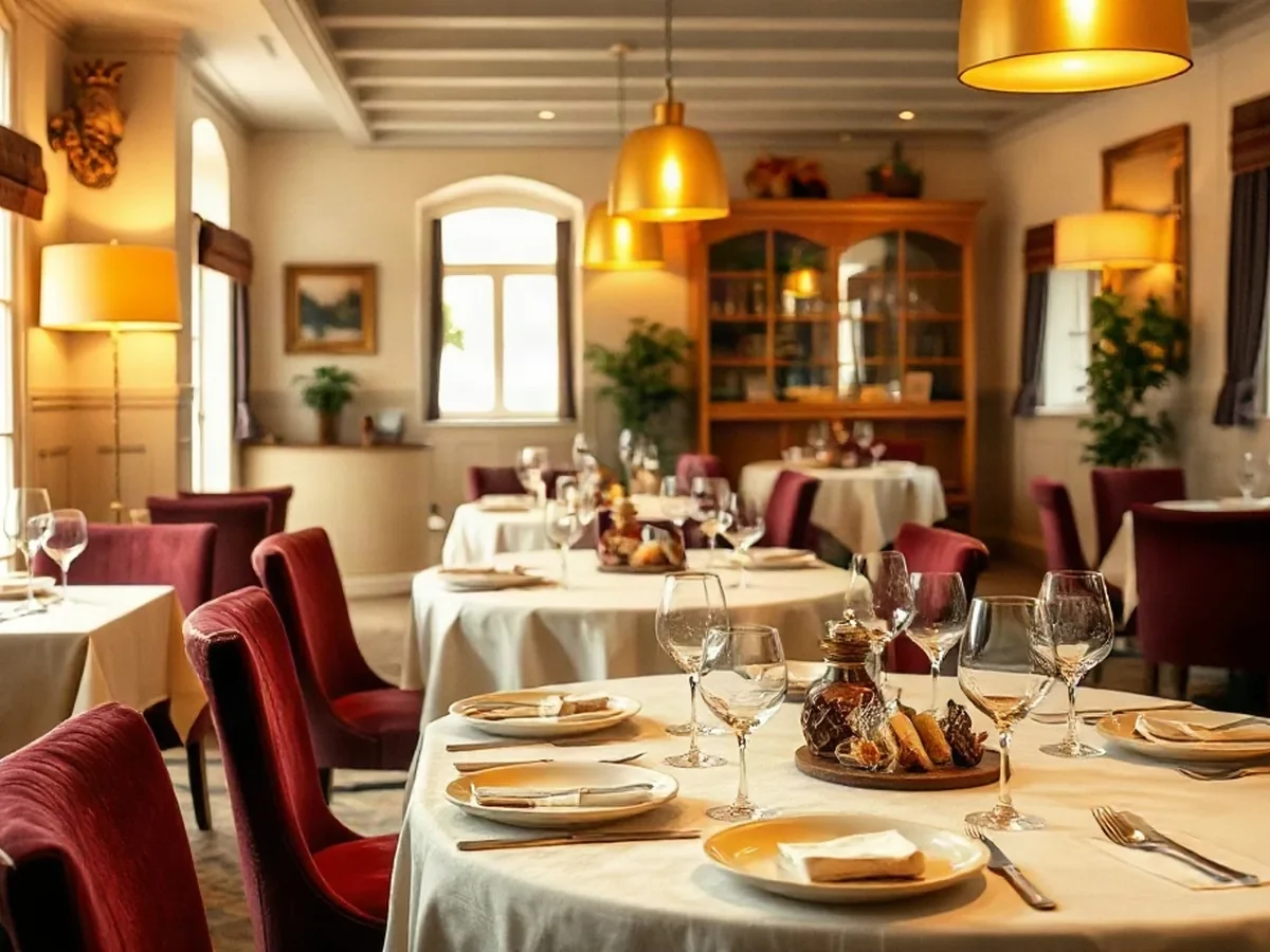 Pale oak tables, cream linen and wine-red velvet in warm light