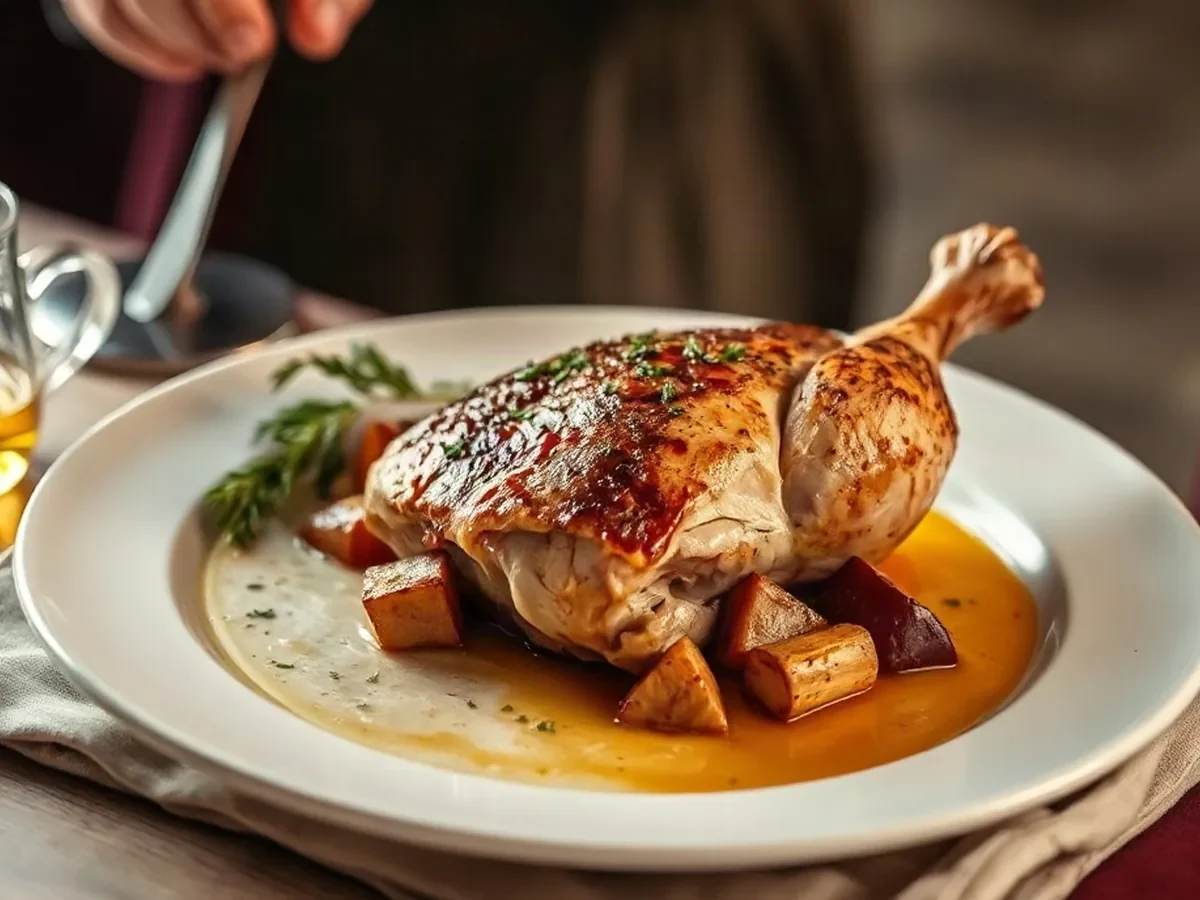 Roast chicken with market vegetables, mustard jus and fresh herbs
