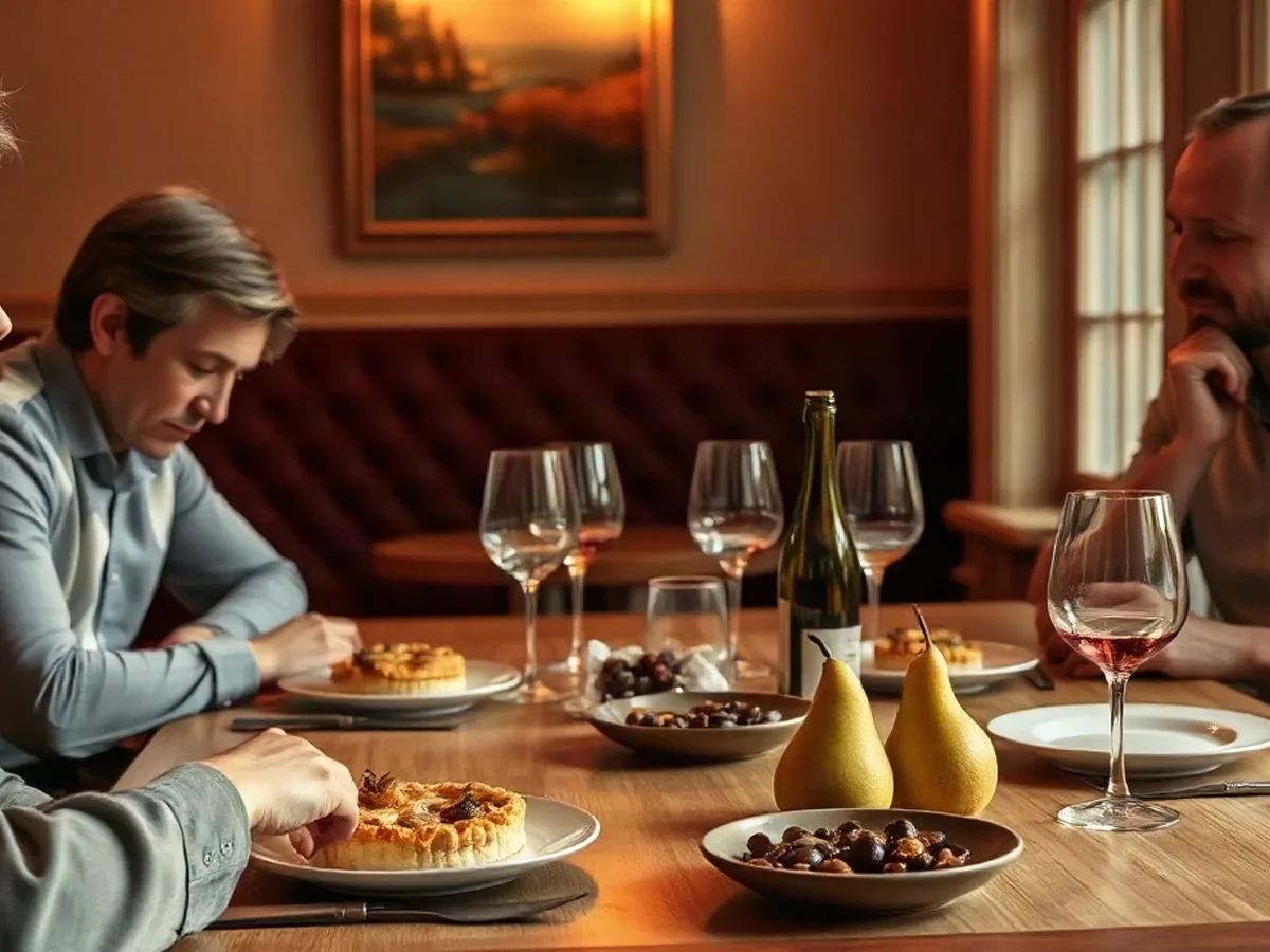 Adult diners sharing plates at a cream-linen table