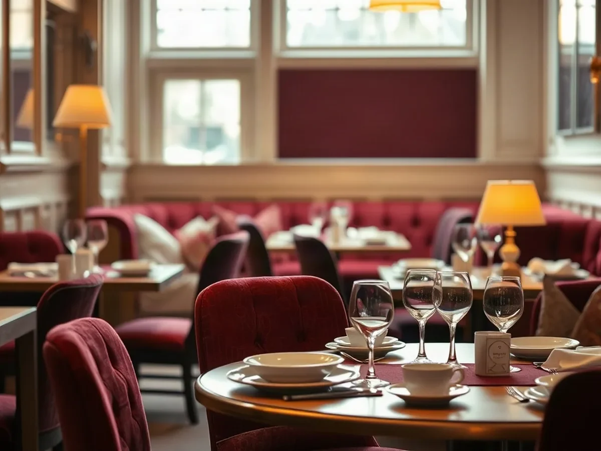 Quiet pale oak seating with cream linen and wine-red velvet