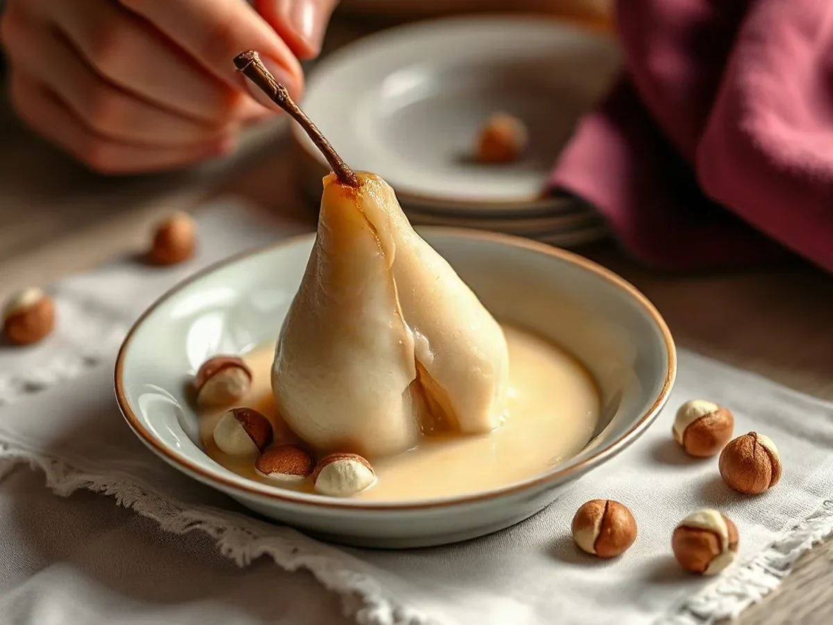 Poached pear with crème fraîche and toasted hazelnuts