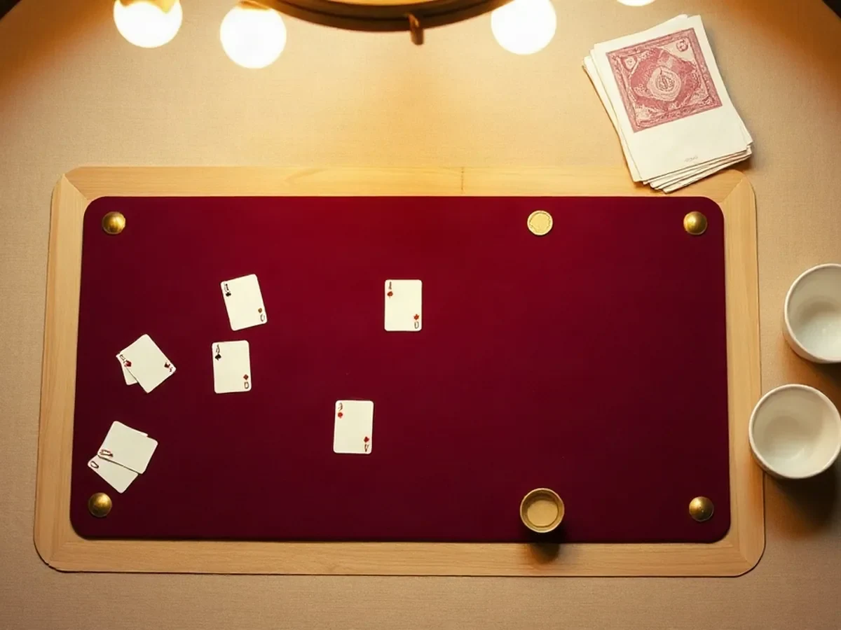 Unmarked cards and valueless counters on deep wine felt
