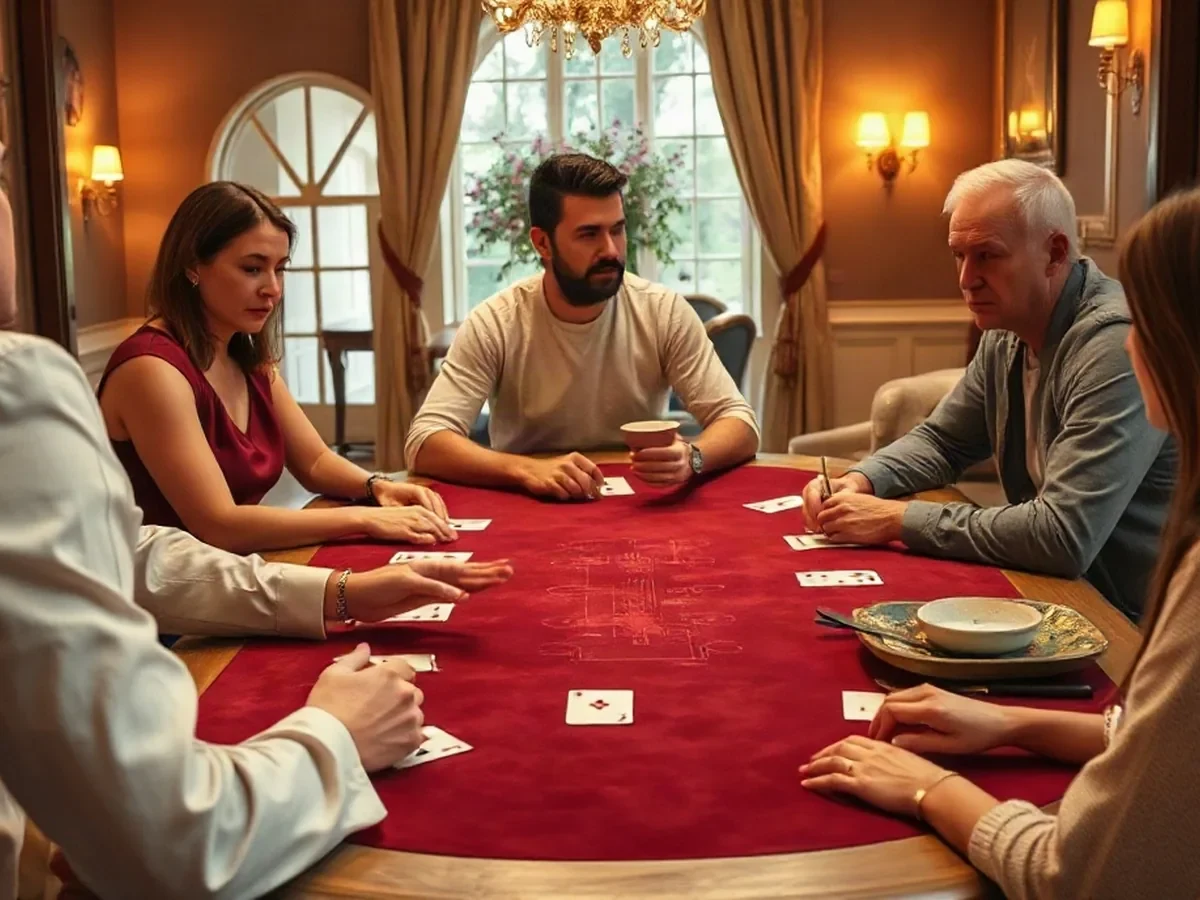 Adult social players gathered around a wine-felt poker table